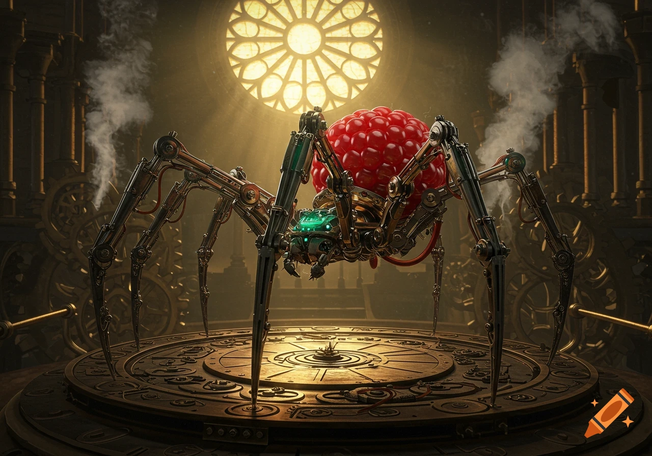 A detailed steampunk mechanical spider with a bright red, raspberry-like abdomen stands on a large gear-like platform in an industrial hall with a glowing circular window.