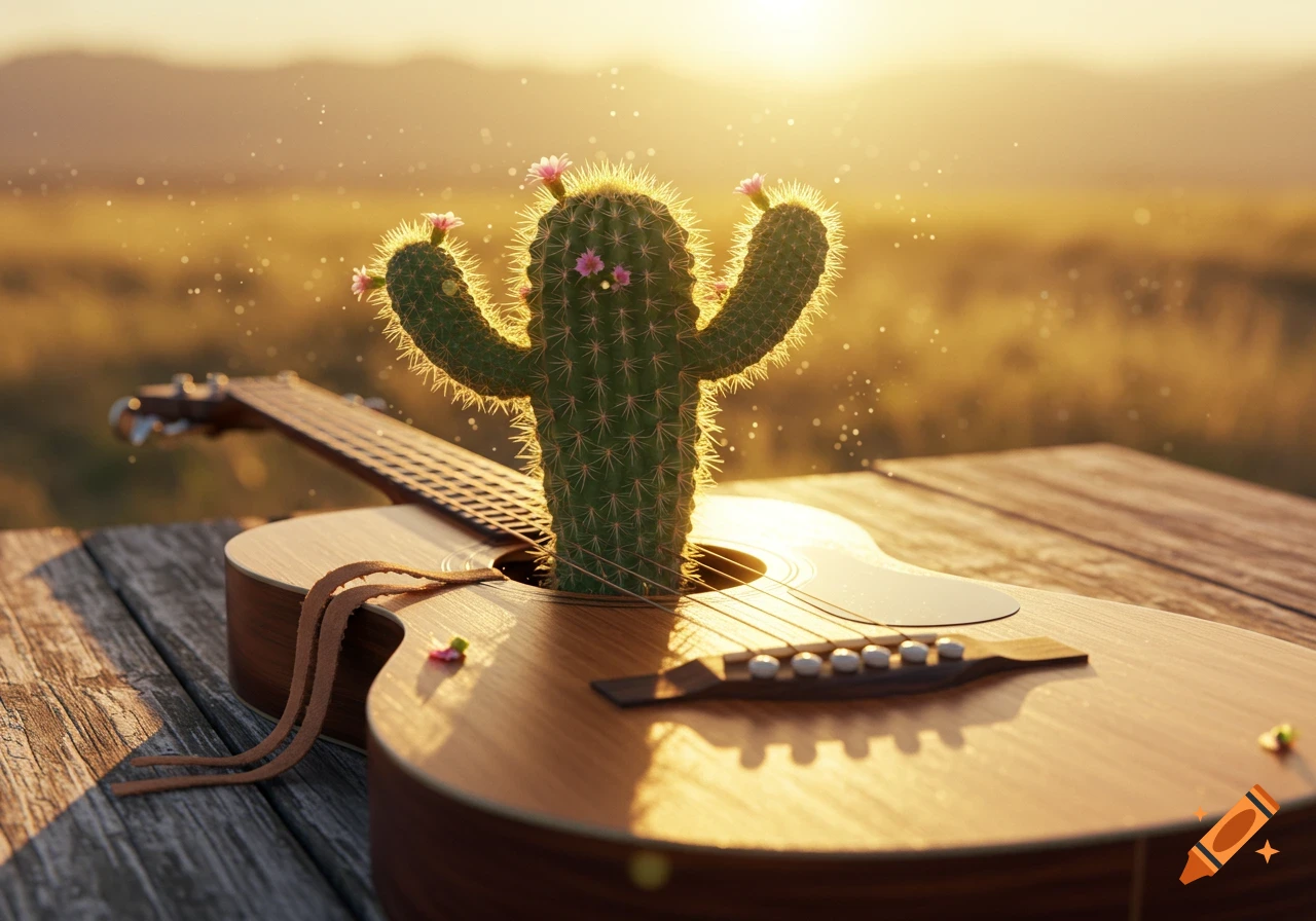 A whimsical cactus with pink flowers emerging from an acoustic guitar at golden hour.