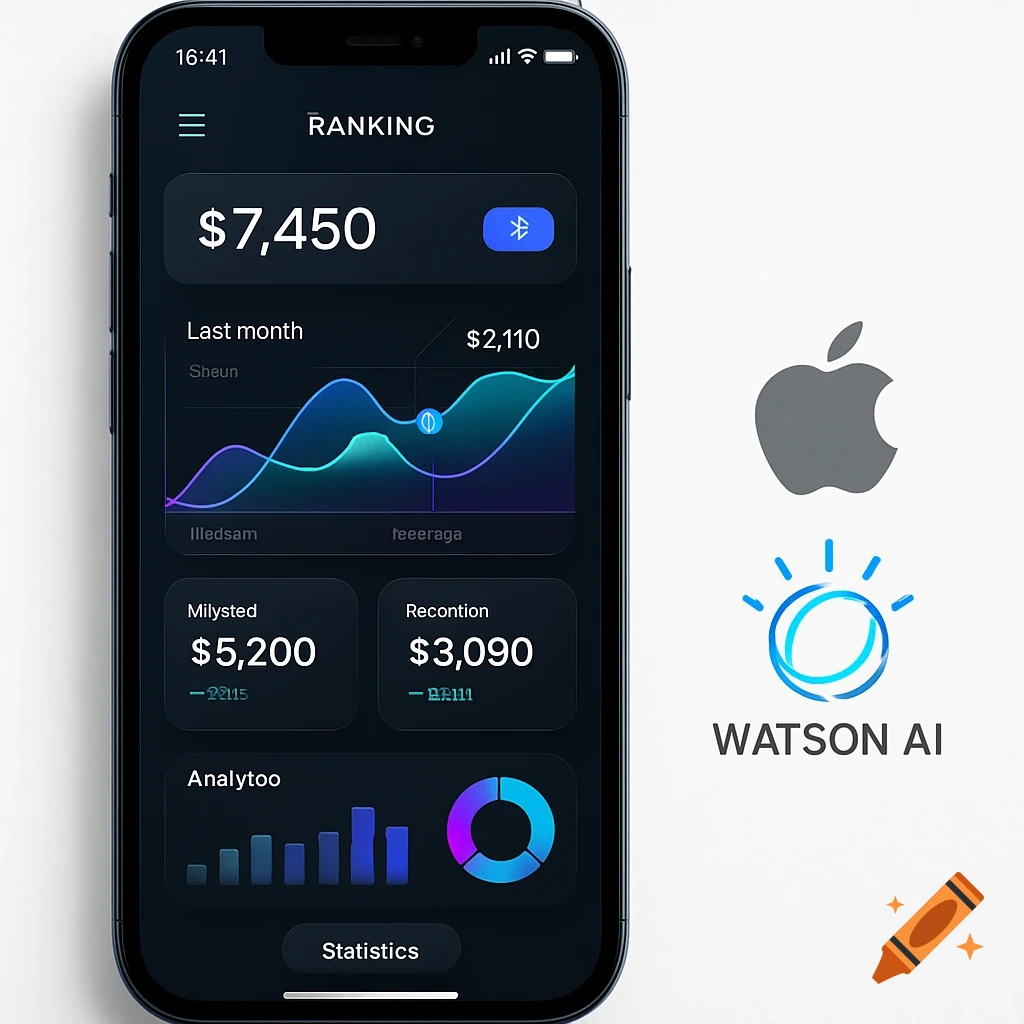An iPhone displaying a dark-themed mobile banking app with financial data, charts, and statistics, next to Apple and Watson AI logos on a white background.