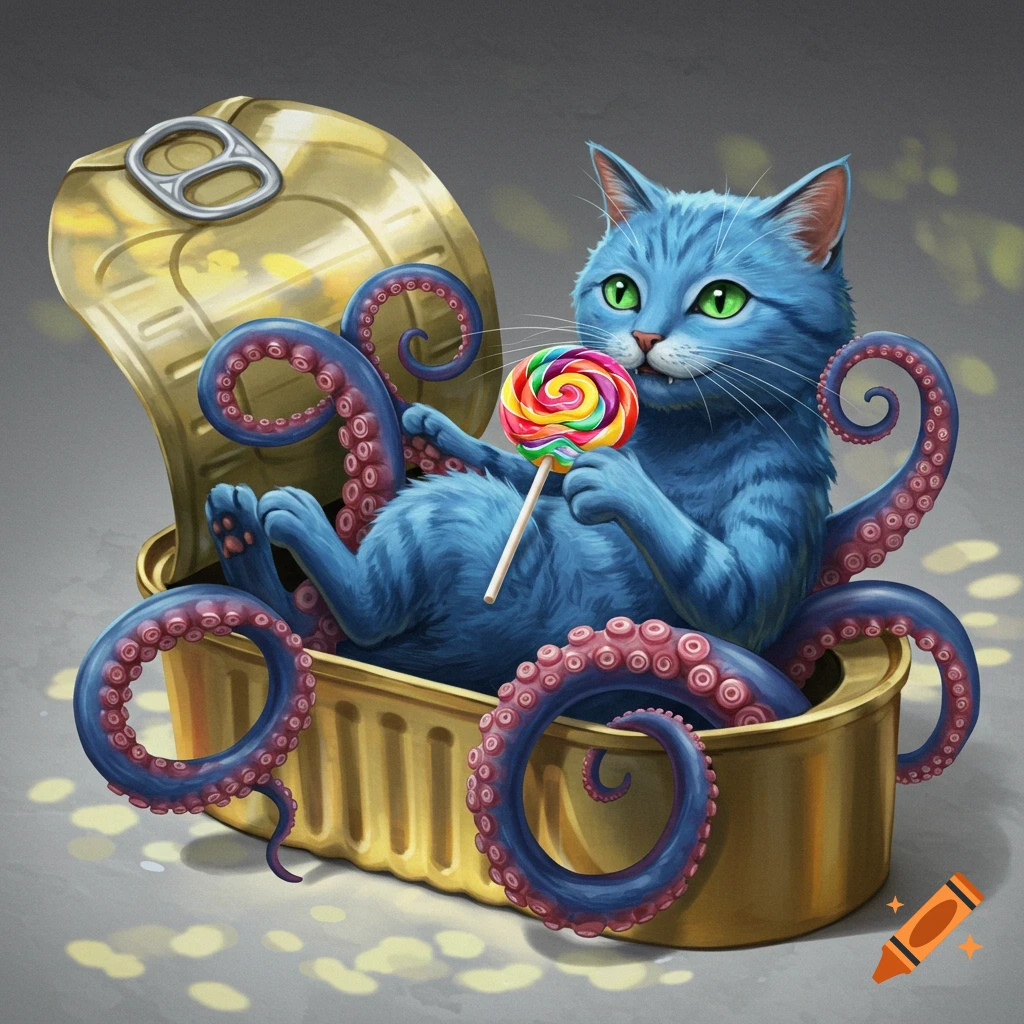 A blue cat with octopus tentacles lounges in an open sardine can, holding a colorful lollipop, in a digital art style.
