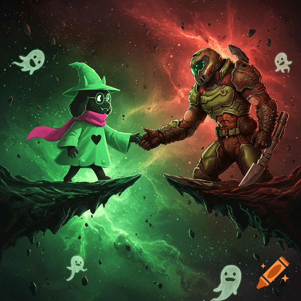 Ralsei from Deltarune and Doomguy from Doom shake hands across a chasm in a cosmic nebula with floating rocks and ghosts.