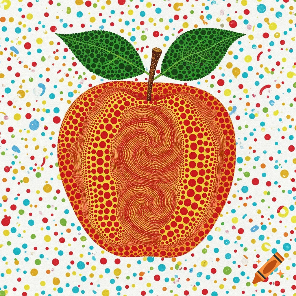 A pop art style apple covered in red and yellow polka dots and swirls, on a white background with colorful dots.