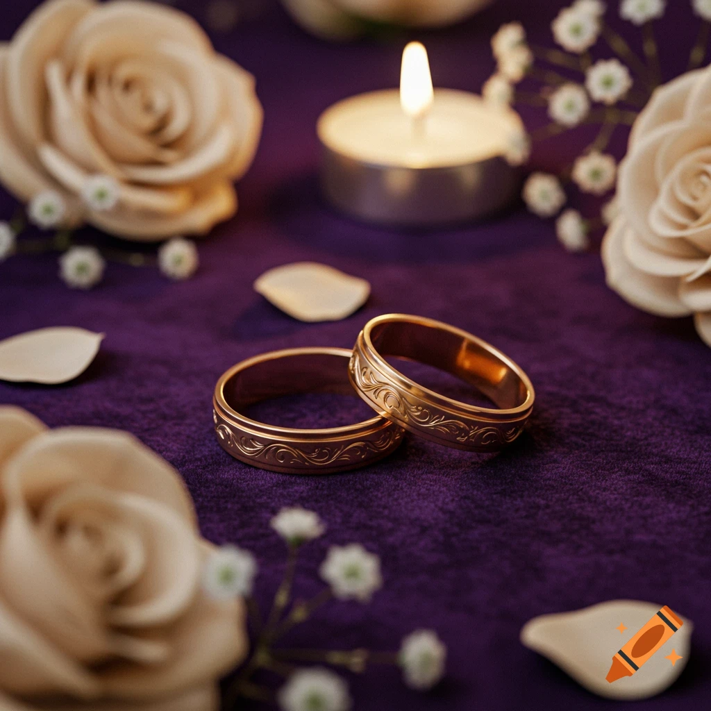Two ornate gold wedding rings on purple velvet with white roses, petals, and a lit candle.