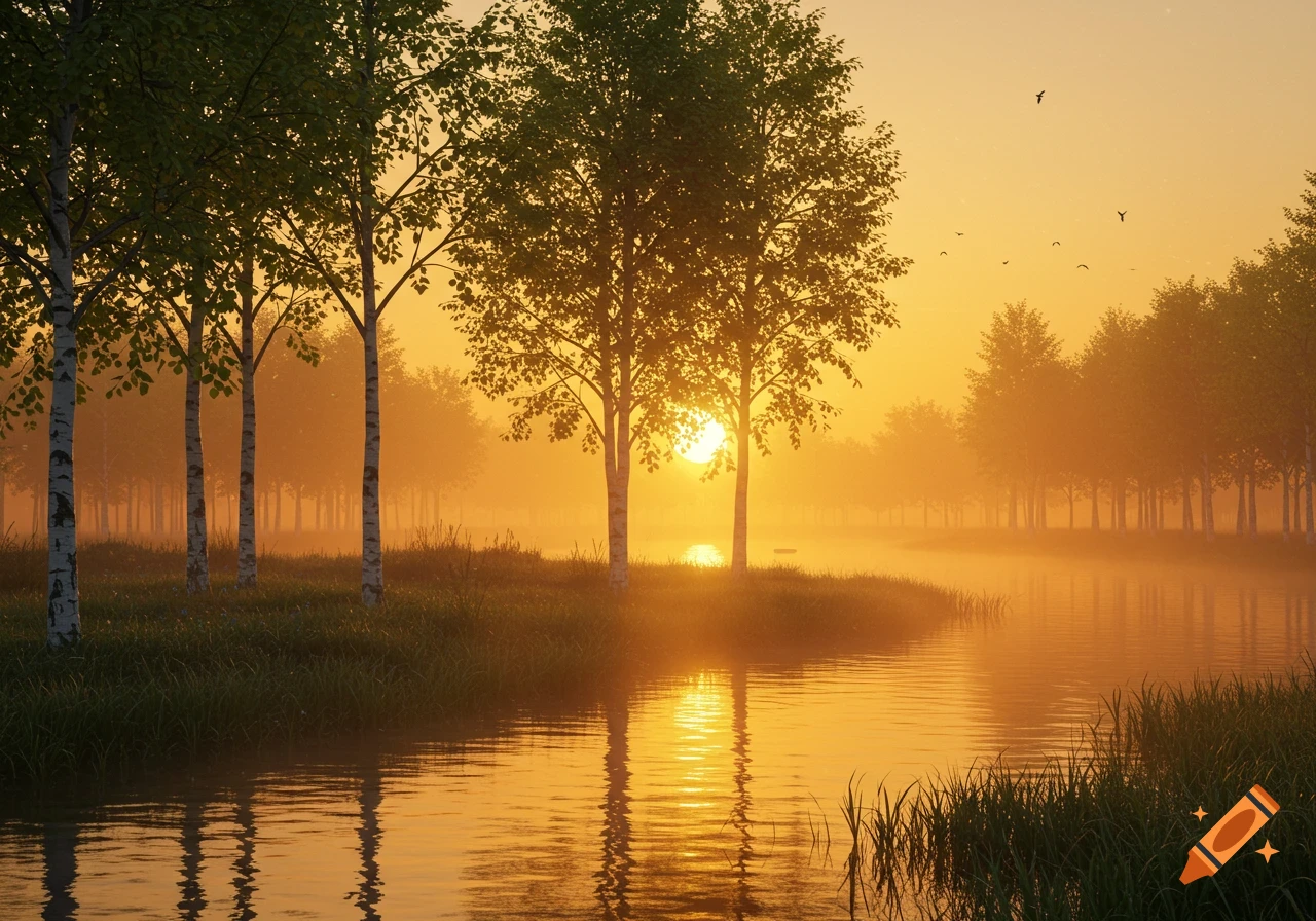 Photorealistic serene sunset over a river with golden reflections and silhouetted trees along the banks.