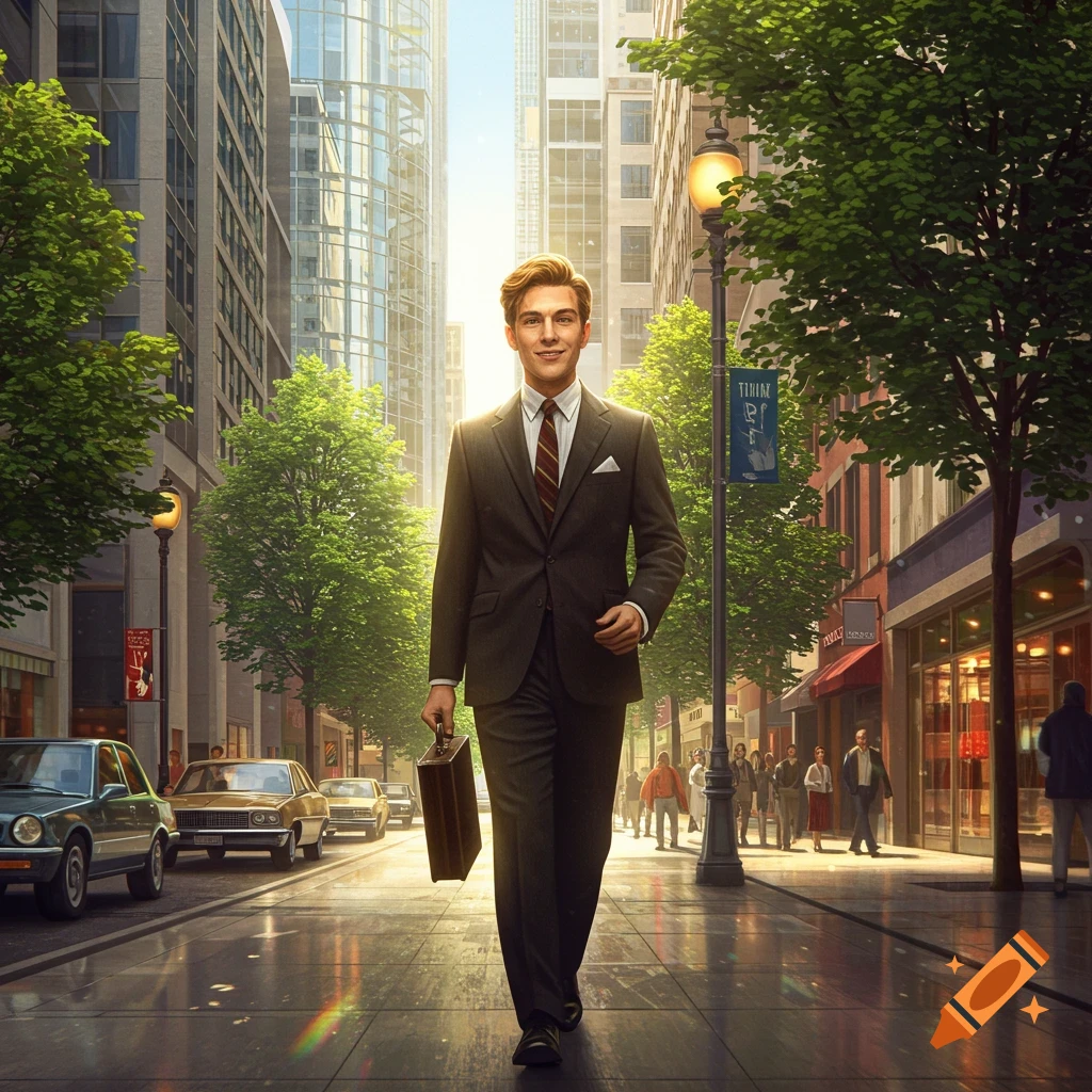 A young businessman in a dark suit walks confidently down a sunny city street, carrying a briefcase.