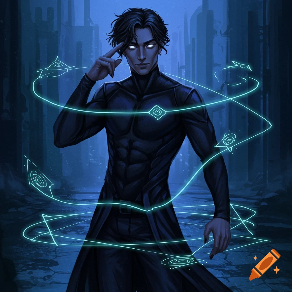 A dark-haired man in a sleek outfit with glowing white eyes, telekinetically swirling neon blue energy in a dark, stylized setting.