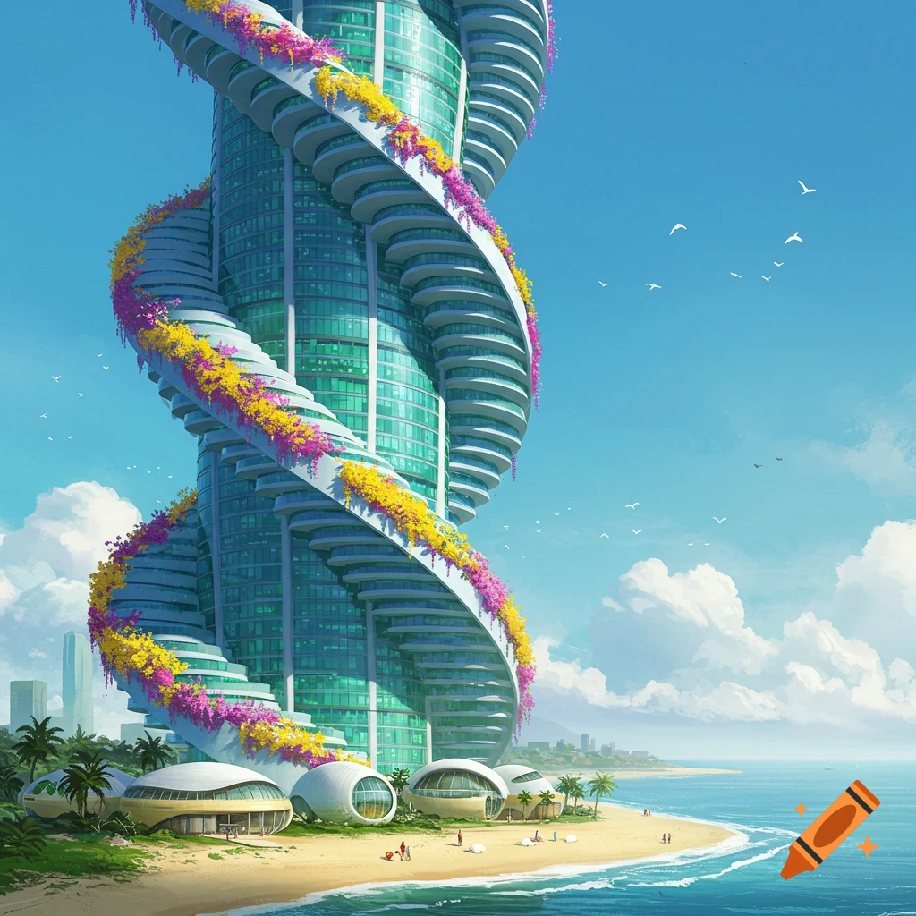 A vibrant, futuristic spiraling skyscraper with green windows and flower-adorned balconies overlooks a sunny beach with oval-shaped houses.