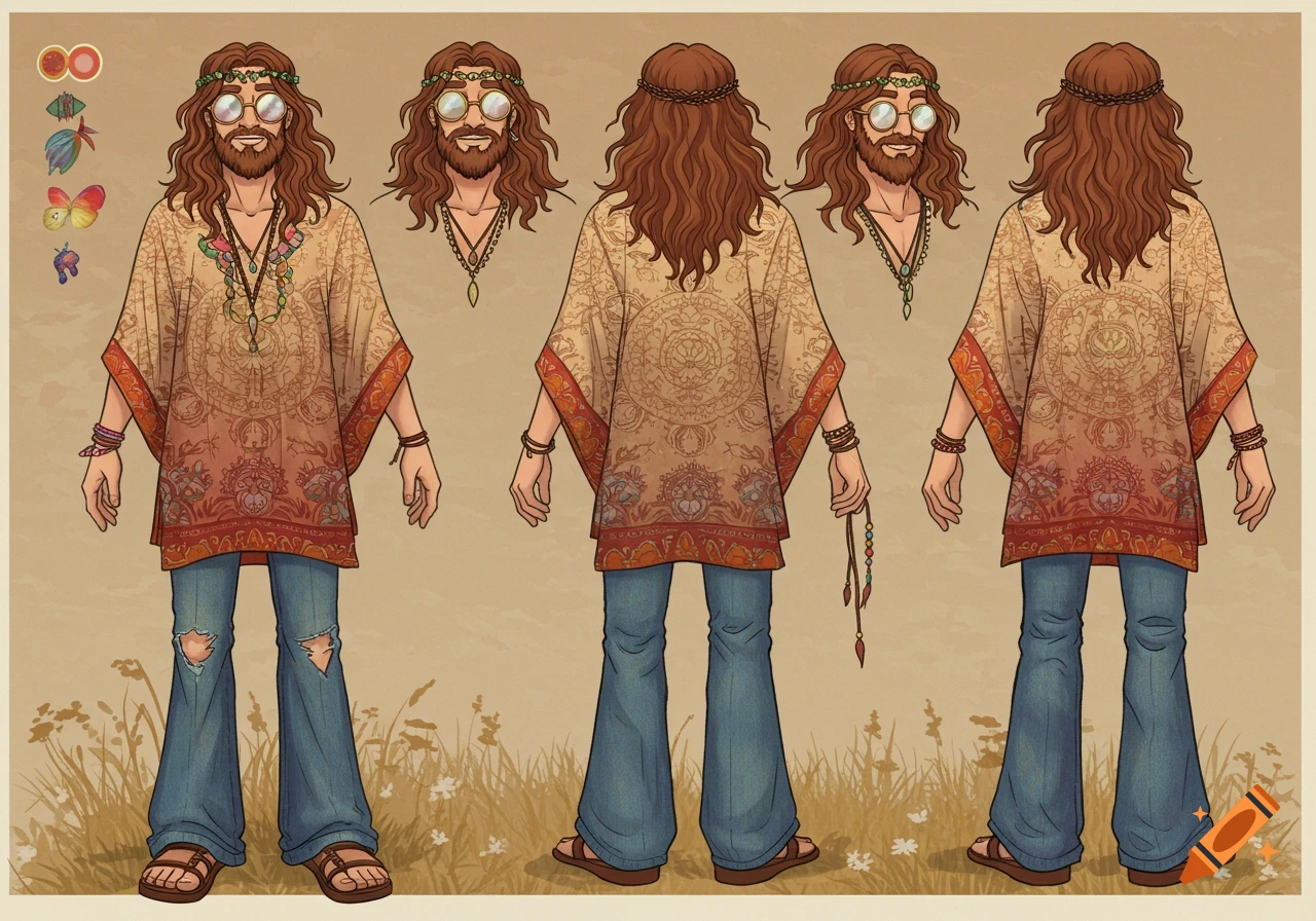 A character turnaround sheet of a long-haired, bearded hippie in a patterned poncho, ripped jeans, and sandals.