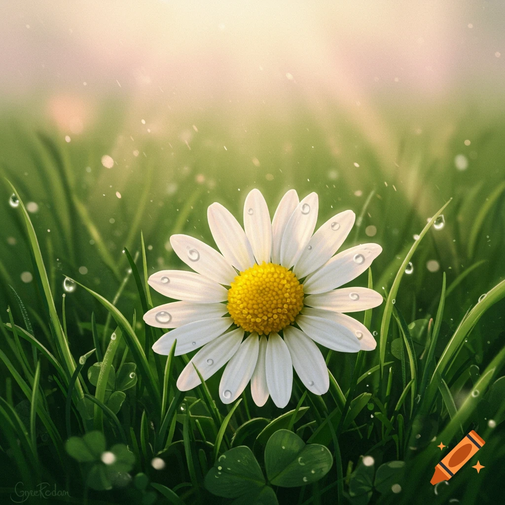 A white daisy with a yellow center covered in water droplets, sitting in lush green grass with soft sunlight filtering through.