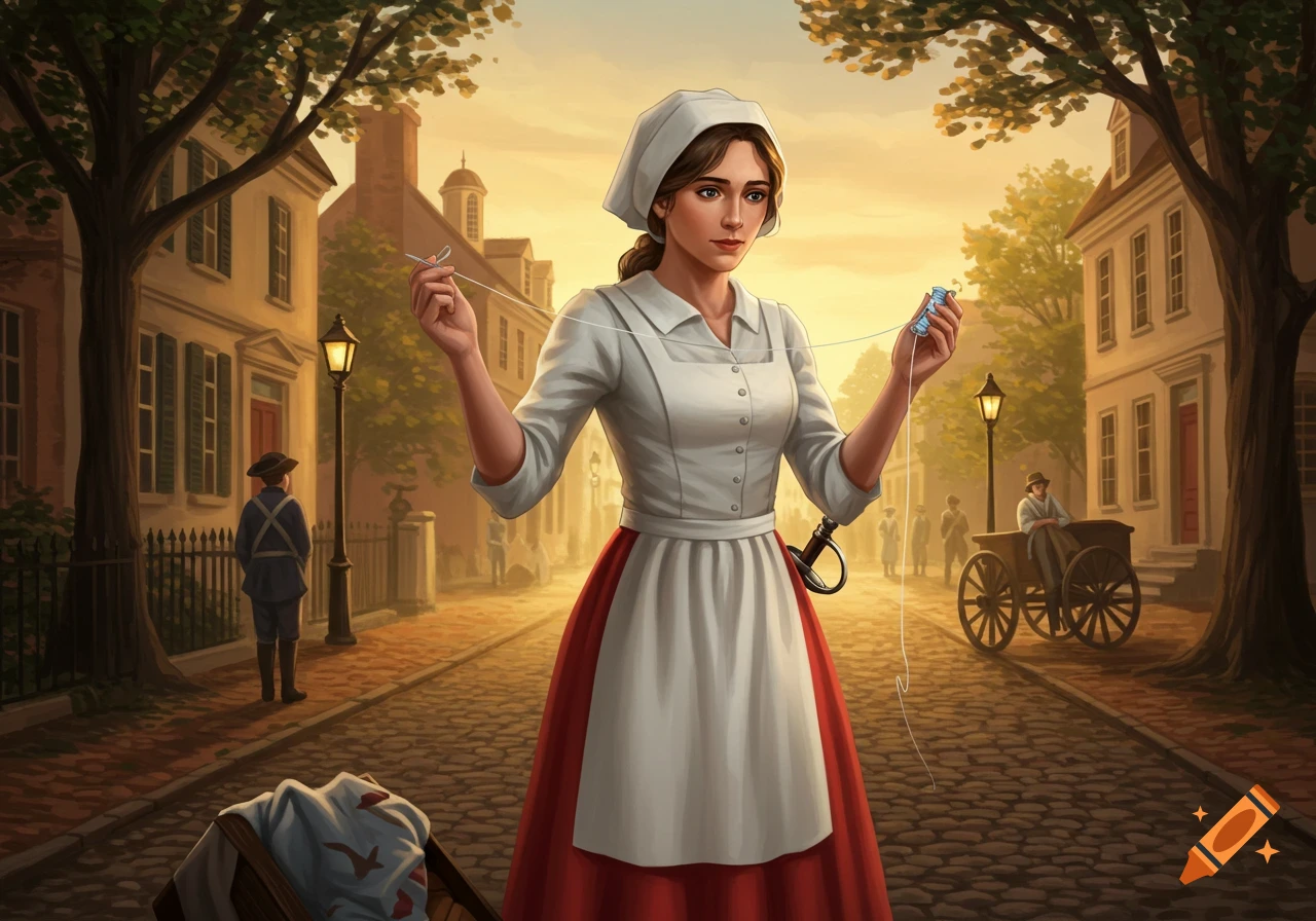 A woman in a white and red colonial-era nurse's outfit holds a needle and thread on a cobblestone street with historical buildings and trees.