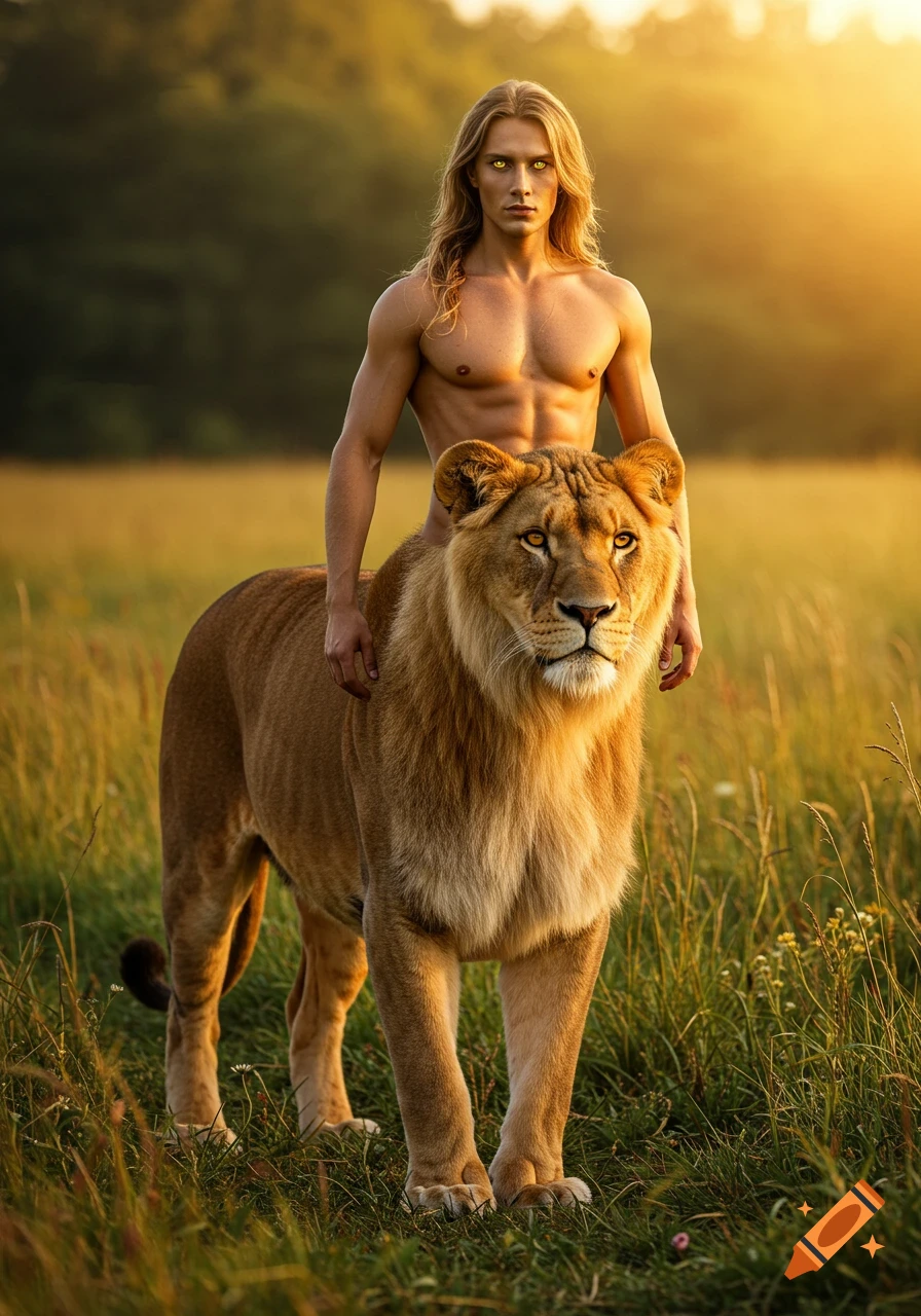 A long-haired, shirtless man with glowing yellow eyes stands behind a majestic lioness in a sunlit grassy field.