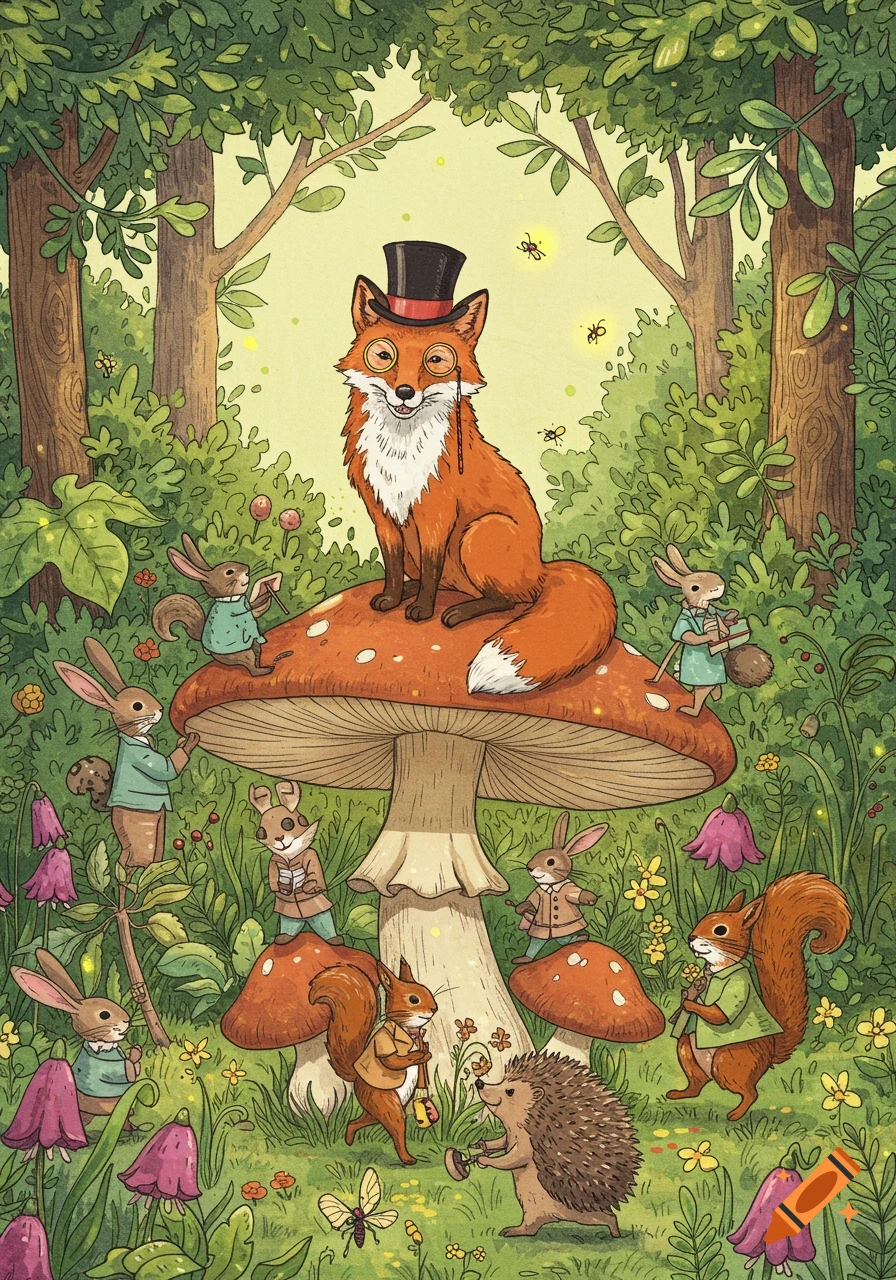 Whimsical illustration of a dapper fox in a top hat on a mushroom, surrounded by smaller woodland animals in a vibrant forest.