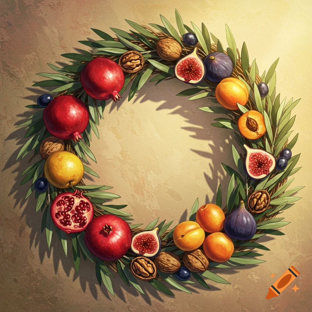 An olive branch wreath adorned with various fruits including pomegranates, figs, and apricots, along with walnuts and olives.