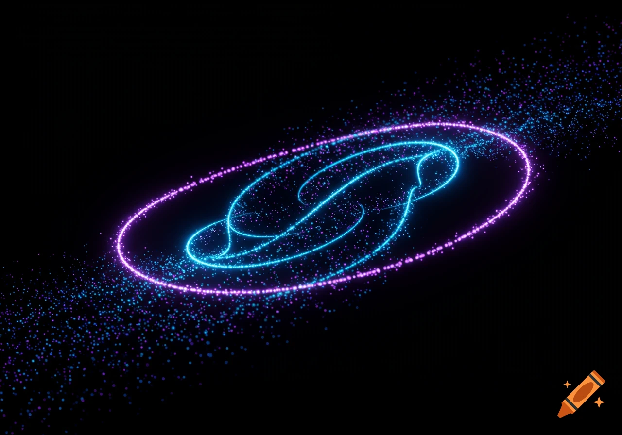 Glowing blue and purple neon lines form an abstract, intertwined shape surrounded by shimmering particles on a black background.