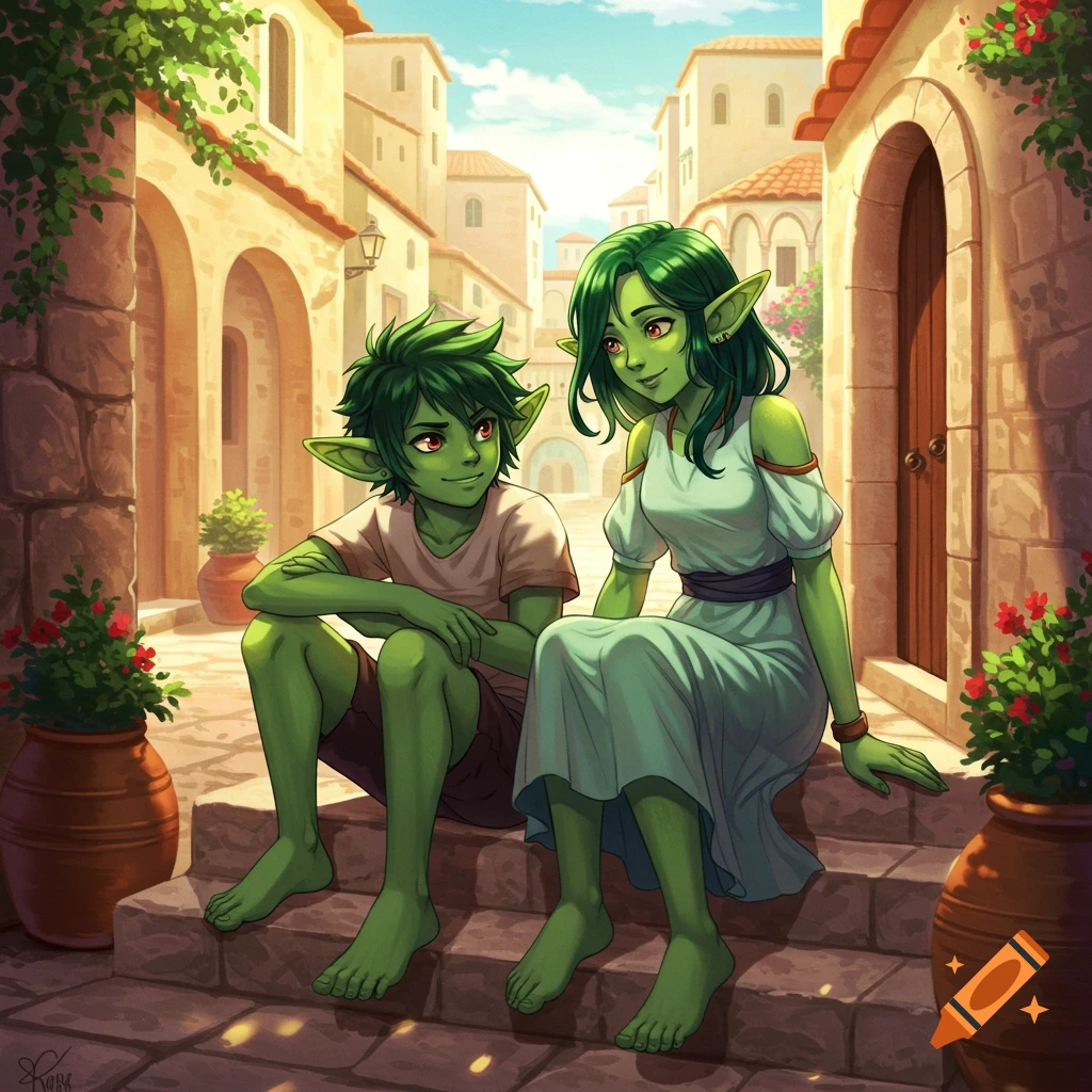 Two green-skinned, barefoot goblin characters sit on sunlit steps in a charming, stone-built town in anime style.
