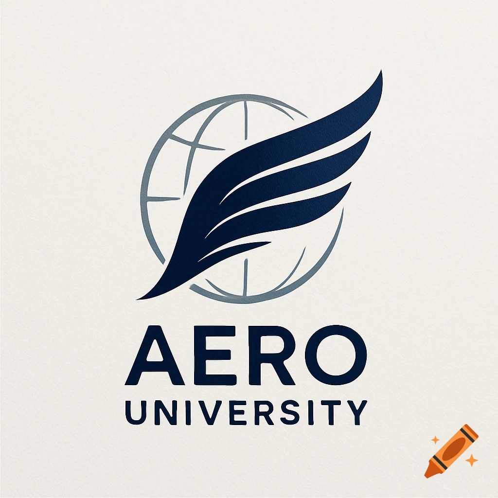 A university logo with a dark blue wing over a gray globe, and "AERO UNIVERSITY" text below.