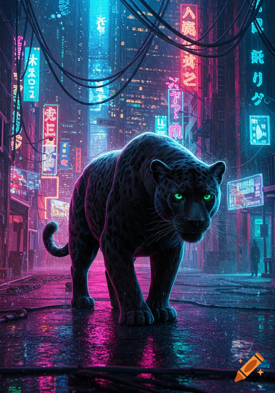 A black panther with glowing green eyes walks down a rainy, neon-lit cyberpunk city street at night, with reflections on the wet ground.