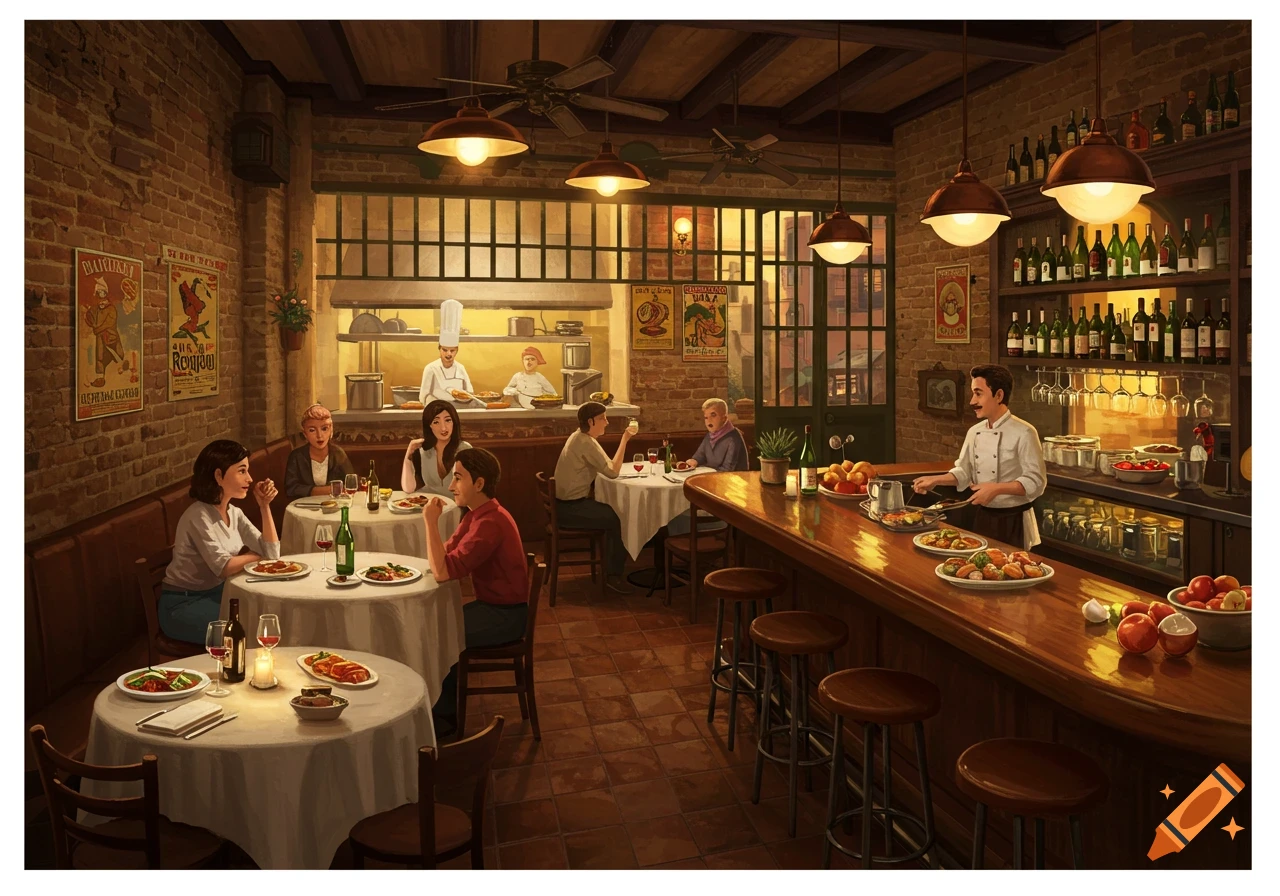 An inviting, warm-lit restaurant interior with patrons dining at tables, a chef serving at the bar, and another chef in the open kitchen.