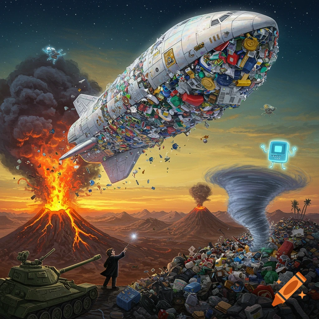 A surreal landscape features a giant spaceship made of trash flying above erupting volcanoes, a tornado, and a pile of garbage, as a figure resembling Harry Potter casts a spell.