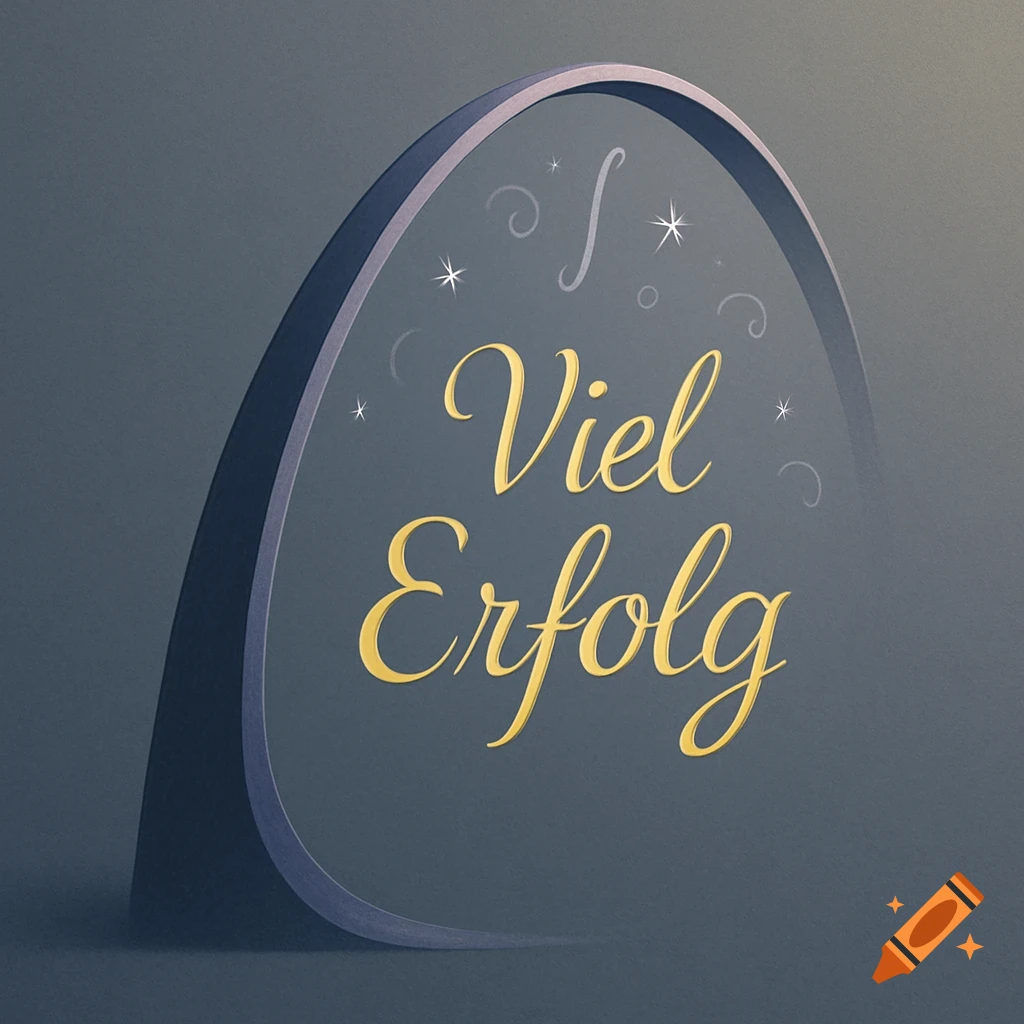 A graphic design featuring golden text 'Viel Erfolg' on a dark grey arched background with subtle stars and swirls.