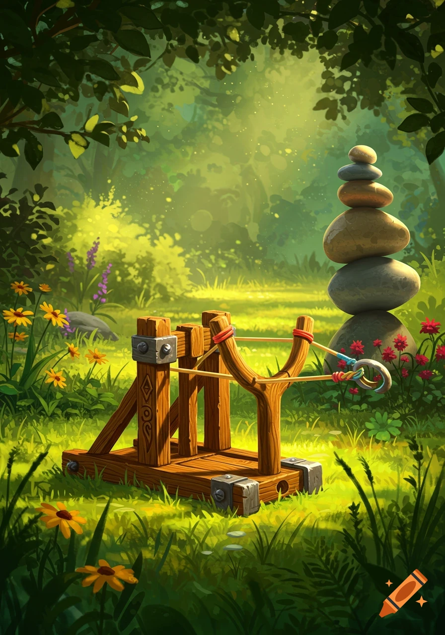 A stylized wooden trebuchet with a slingshot mechanism sits in a bright, lush forest with stacked stones and wildflowers.