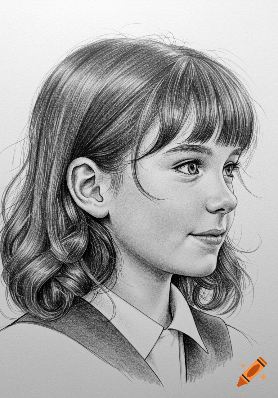 A detailed black and white pencil drawing of a young girl with bangs and wavy hair, looking right with a slight smile.