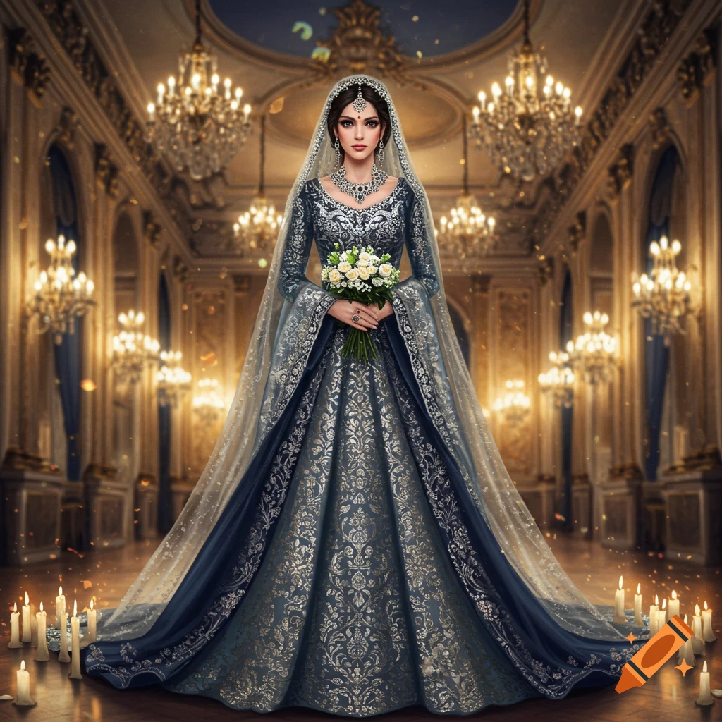 A woman in a dark blue and silver ornate gown and veil, holding white flowers, stands in a grand, chandelier-lit hall with candles.