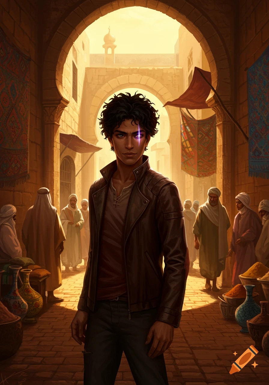 A dark-haired man with glowing eyes in a brown jacket stands in a bustling Middle Eastern market.