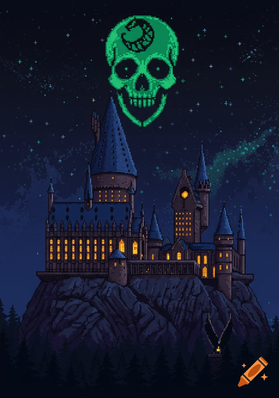 Pixel art of Hogwarts castle at night, with the green Dark Mark skull symbol floating above it in a starry sky.