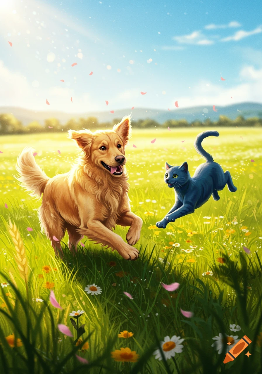 An illustration of a happy Golden Retriever and a blue cat playfully running through a sunny, flower-filled field.