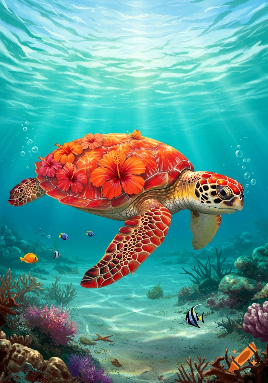 A vibrant red and orange sea turtle adorned with hibiscus flowers swims above a colorful coral reef in a clear blue ocean.