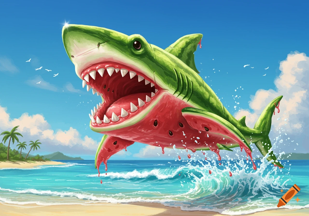 A cartoon watermelon shark with sharp teeth leaps from the ocean, splashing water on a sunny beach with palm trees.
