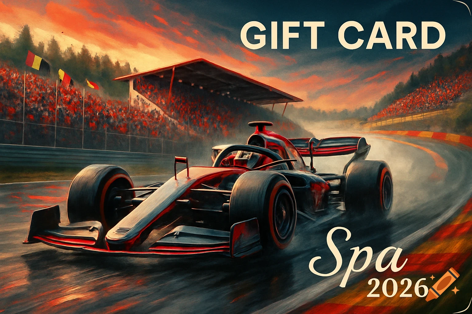 Vivid painterly illustration of a red and black Formula 1 car on a wet track at sunset, with a grandstand full of spectators. Text: GIFT CARD, Spa 2026.