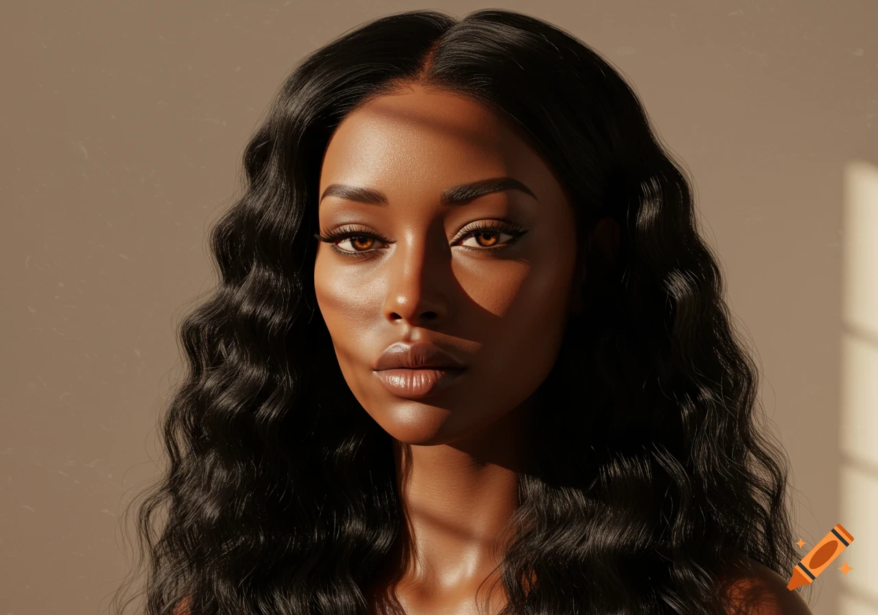 Hyper-realistic portrait of a Black woman with long wavy black hair and amber eyes, illuminated by natural sunlight.