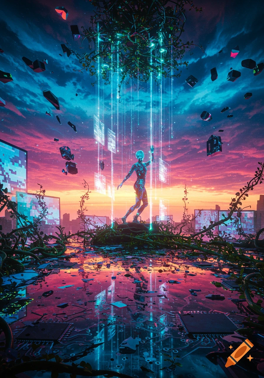 A humanoid figure in a futuristic landscape of glowing data streams, circuit boards, vines, and vibrant sunset sky.