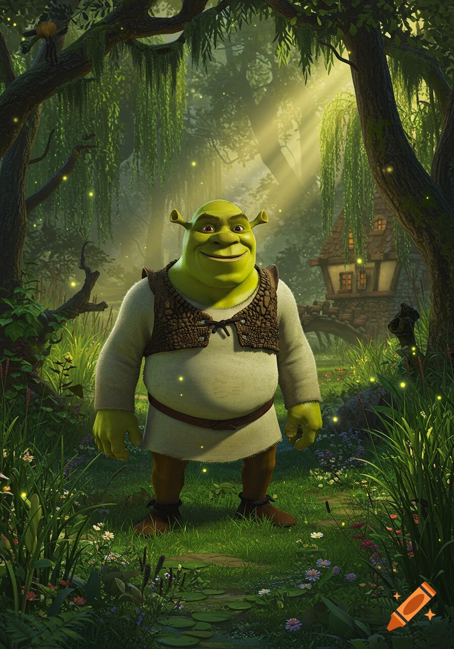 Shrek stands smiling in a magical, sunlit forest with fireflies and a fairytale house in the background, in an animated style.