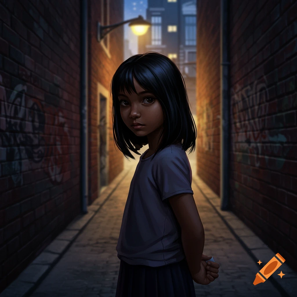 A solemn young girl with dark hair stands in a dimly lit brick alley at night, hands behind her back, with distant city lights.