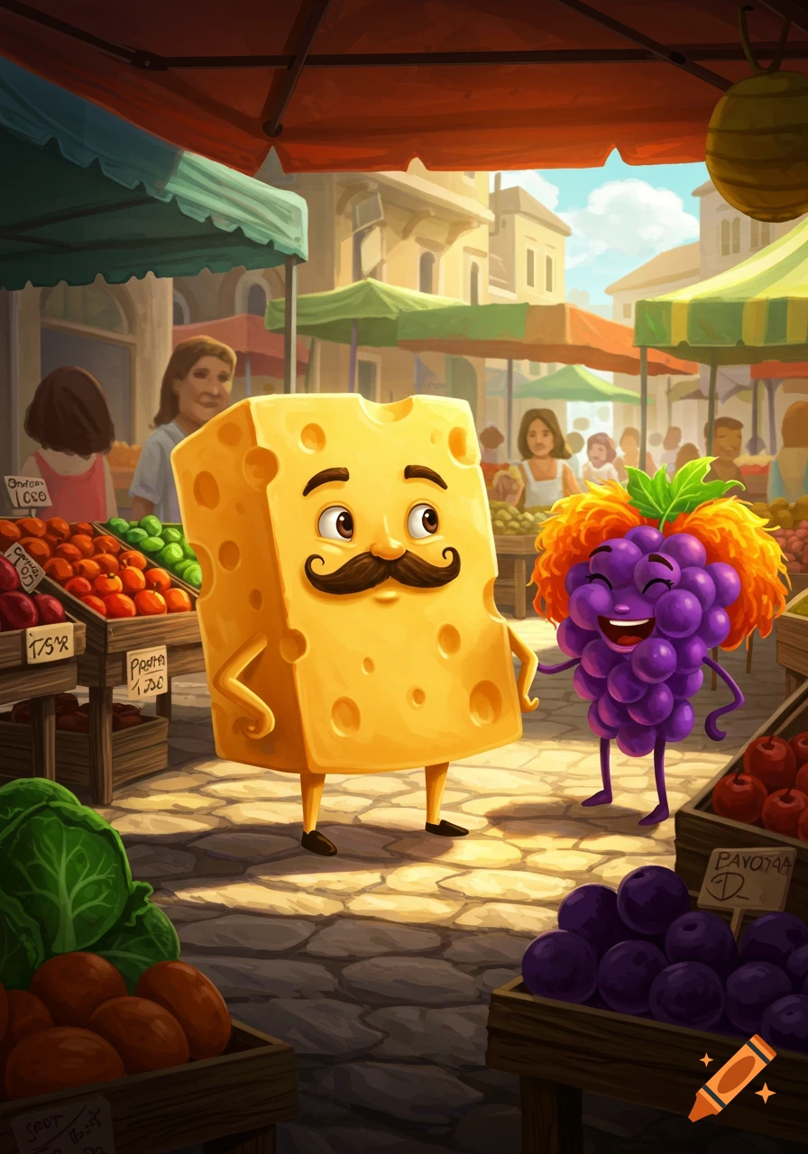 A cartoon block of Swiss cheese with a mustache and a cluster of purple grapes with orange curly hair stand smiling at a bustling market.