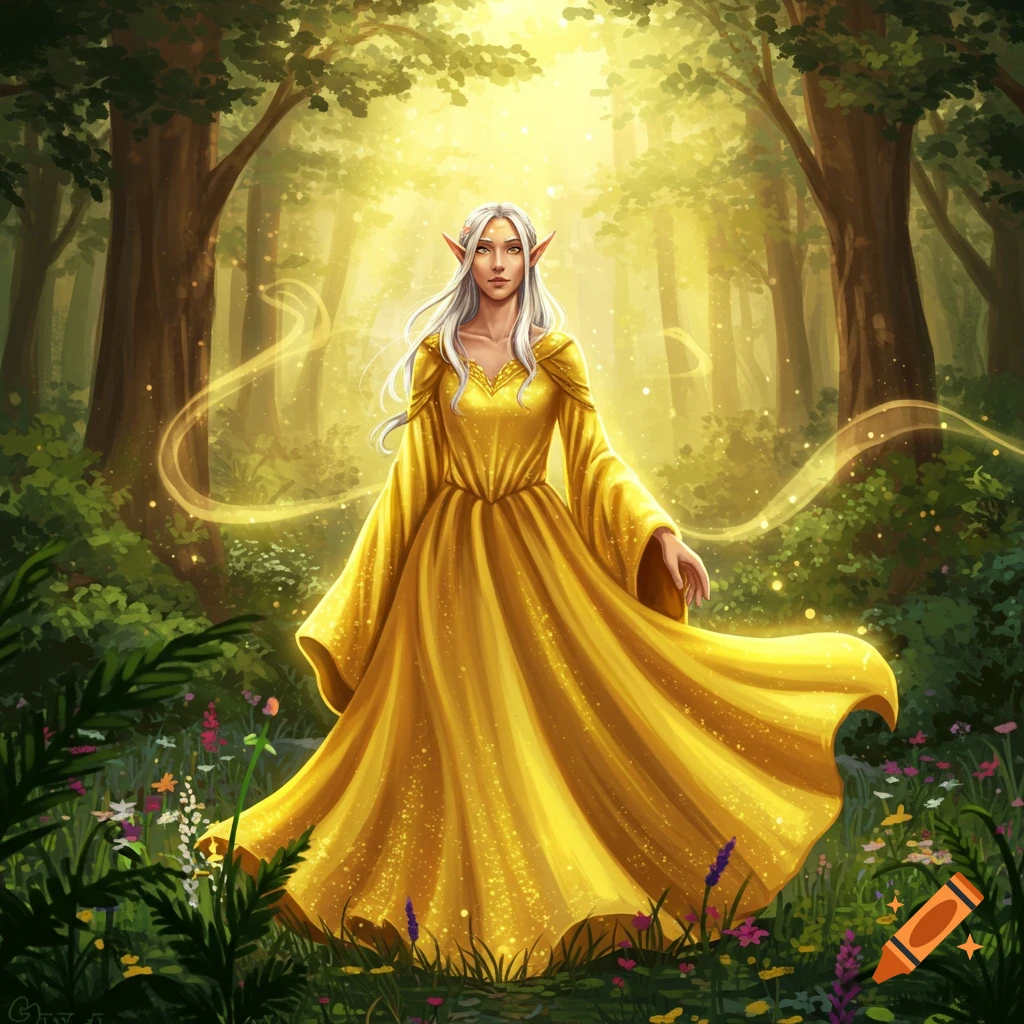 An elf with long white hair in a flowing golden dress stands in a sunlit magical forest with glowing particles.