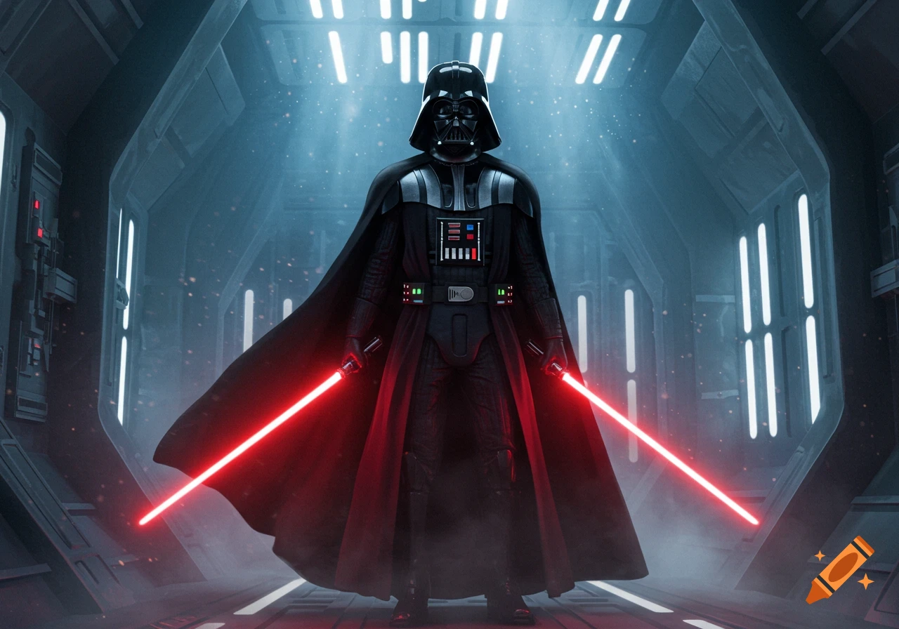 Darth Vader stands in a spaceship corridor holding two glowing red lightsabers, shrouded in a dark cape.