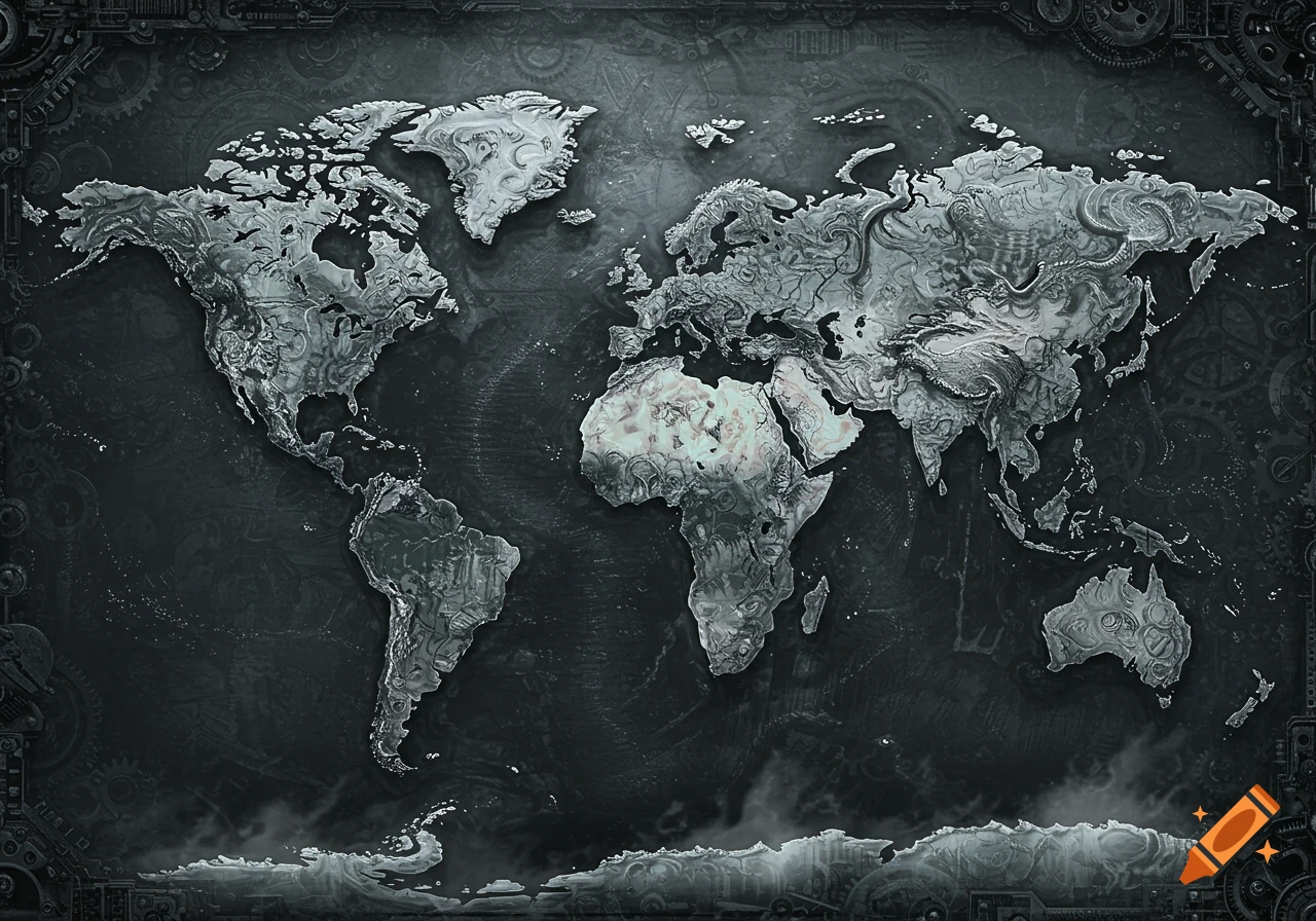A dark, intricate world map in the H.R. Giger style, with continents rendered in textured biomechanical patterns and a mechanical border.