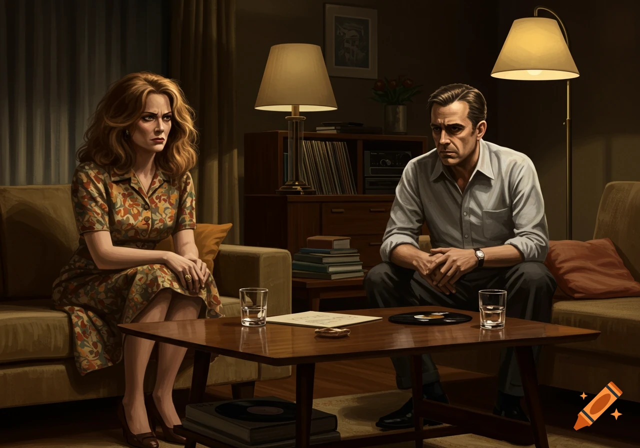 A distressed man and woman sit apart in a dimly lit living room, in a dramatic, illustrative style.