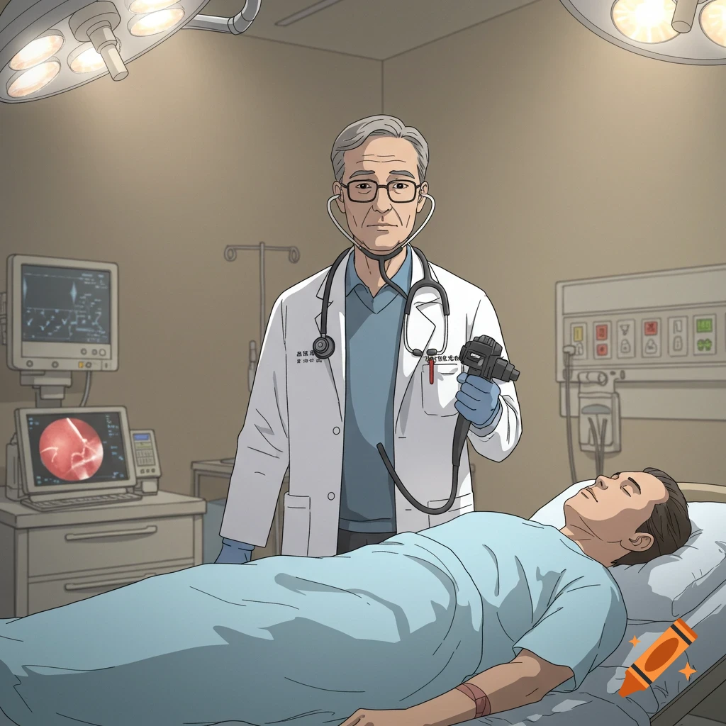 An animated illustration of a doctor with a stethoscope and medical equipment, standing over a patient lying on a hospital bed.