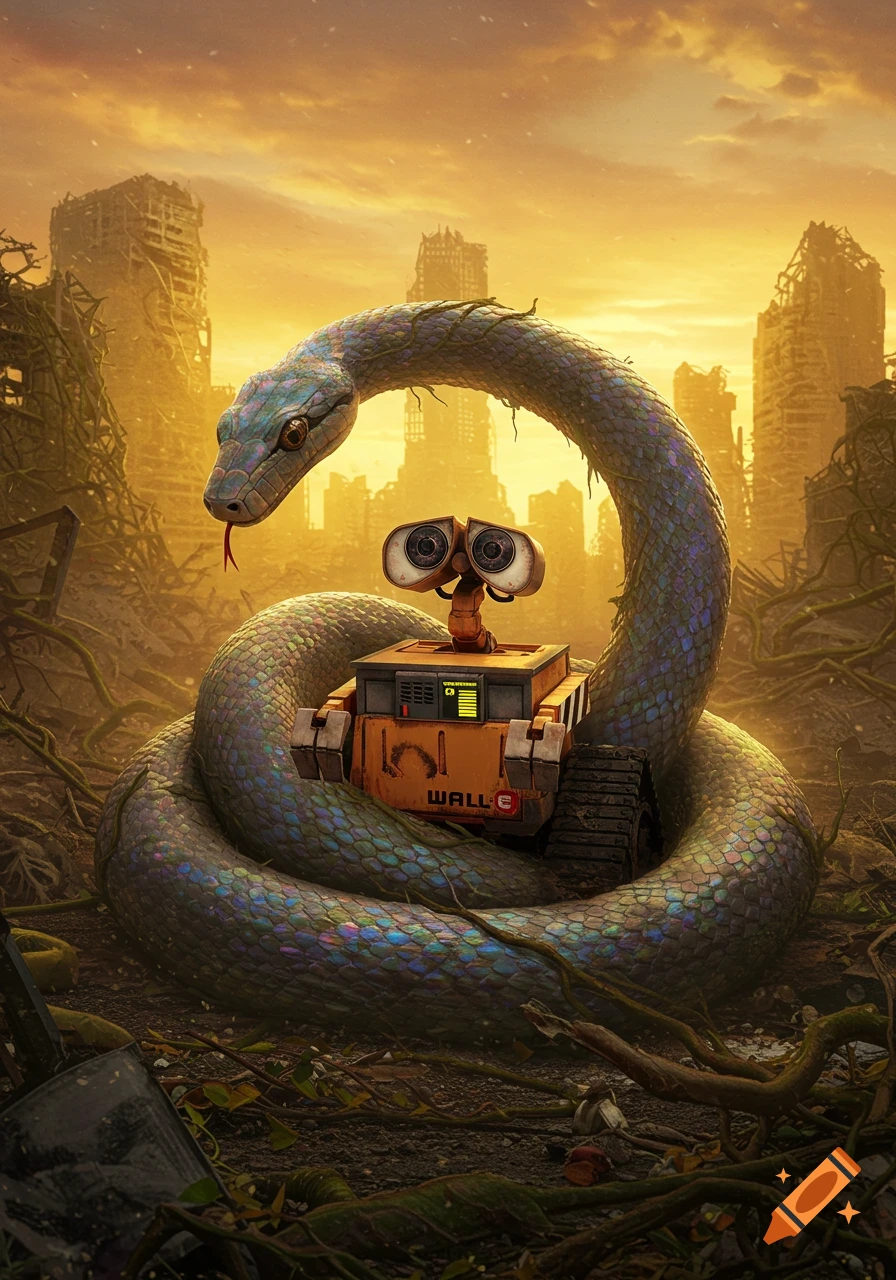 A large iridescent snake coils around the robot WALL-E in a ruined, overgrown city at sunset. Photorealistic style.