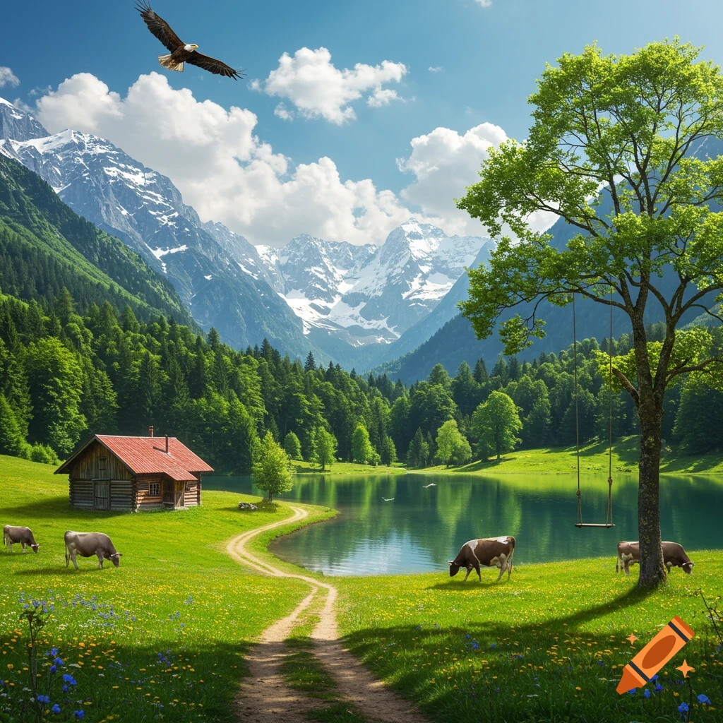 A vibrant green mountain valley with a serene lake, a small wooden cabin, grazing cows, a large tree with a swing, and an eagle flying overhead.