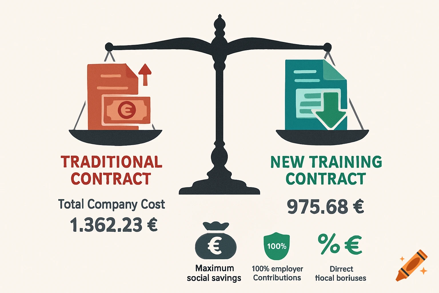 An infographic showing a scale balancing a 'Traditional Contract' with higher costs against a 'New Training Contract' with lower costs and benefits.