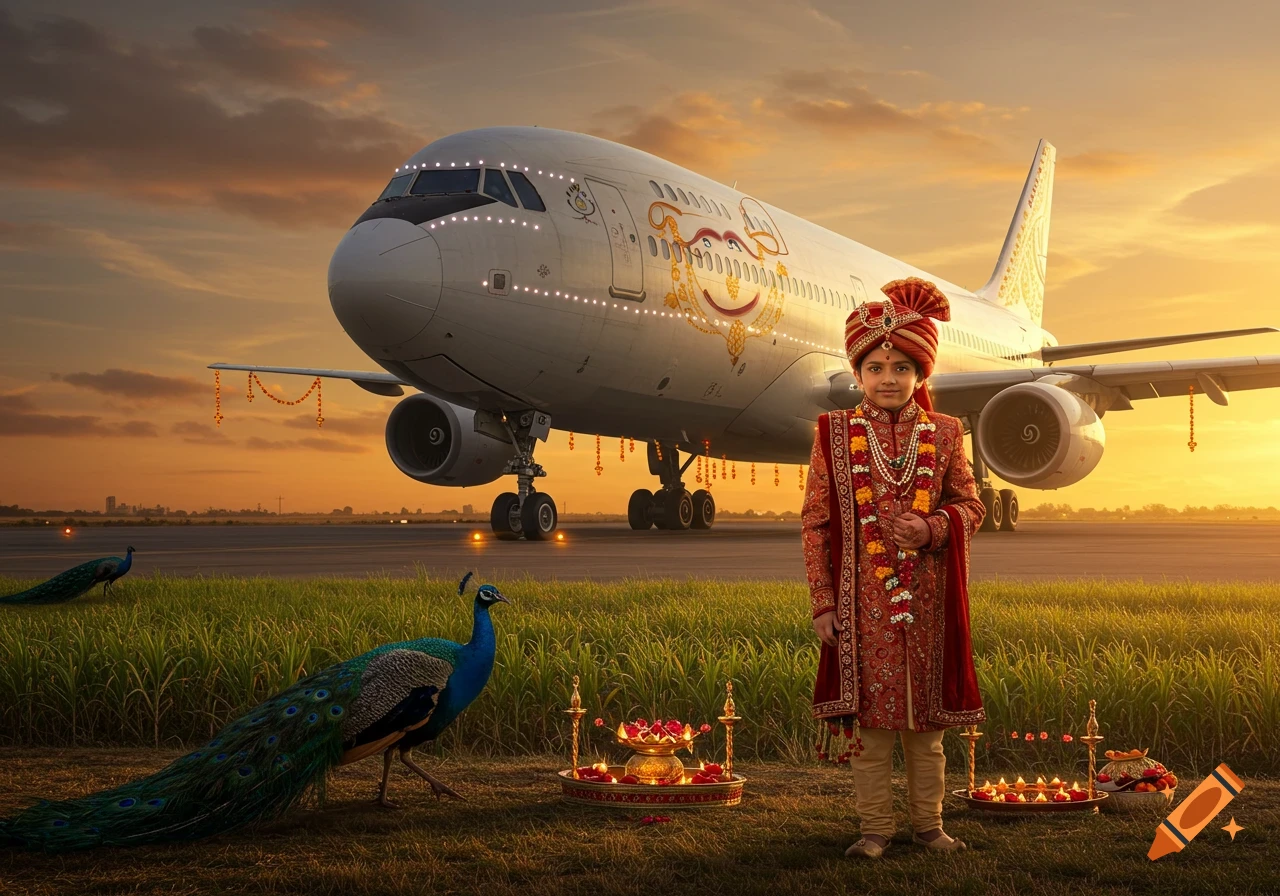 A young boy in traditional red and gold Indian wedding attire stands on a grassy airstrip with peacocks, facing a large, decorated airplane under a sunset sky.
