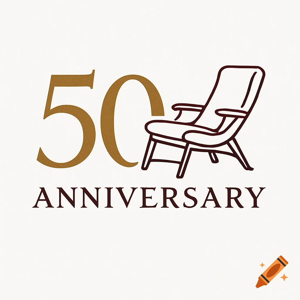 A cream background logo with the number 50 in gold, a stylized brown outline of a lounge chair, and the word ANNIVERSARY in brown.
