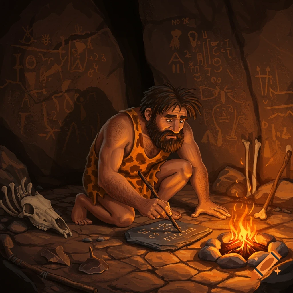 A stylized illustration of a caveman in an animal print tunic, hunkering by a fire in a cave, intently scratching symbols and numbers onto a stone tablet. Cave paintings and bones are visible around him.