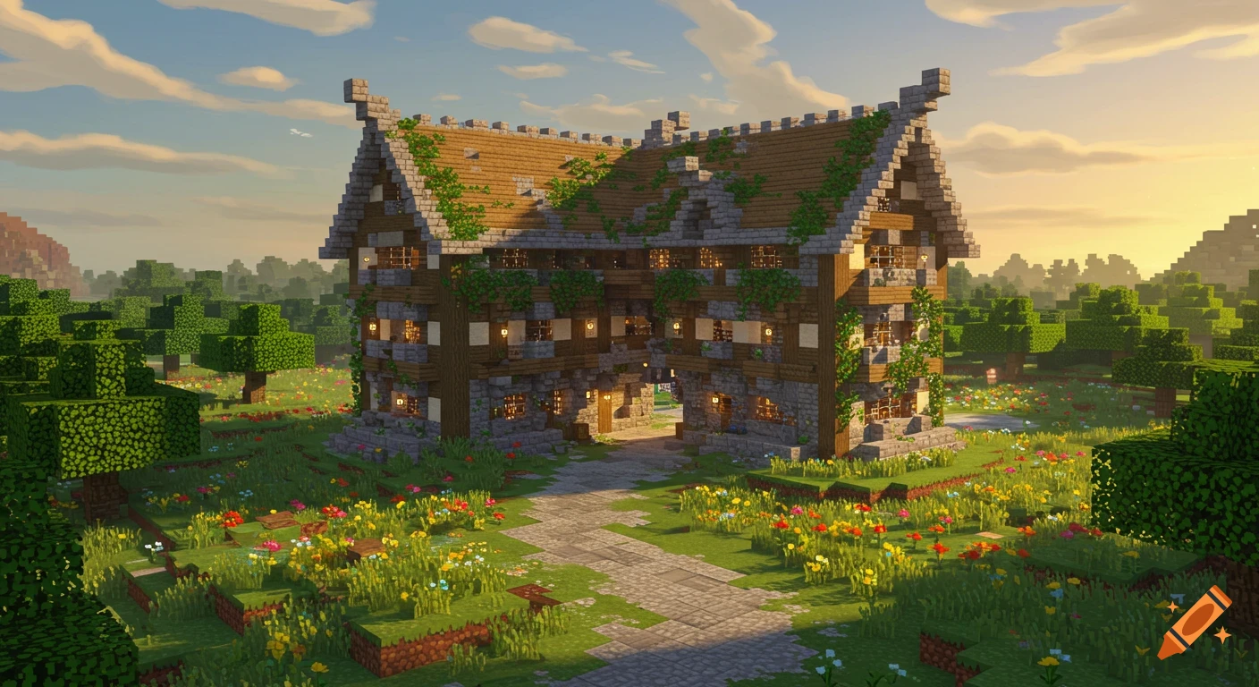 A medieval Minecraft house with a large archway and a path, surrounded by a vibrant green landscape with trees and flowers at sunset.